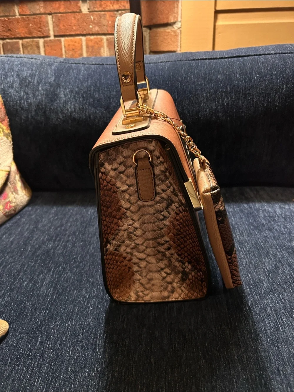Dune London Two-Tone Tan Top-Handle Satchel with Snake-Print Wallet